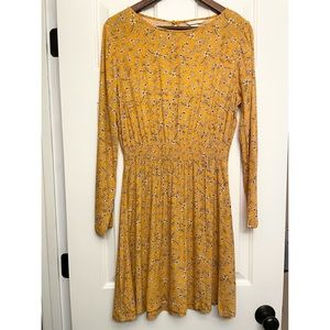 H&M Mustard Floral Smocked Waist Long Sleeve Dress